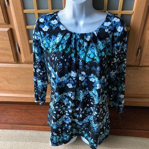 Worthington Blue Black Floral 3/4 Blouse Large